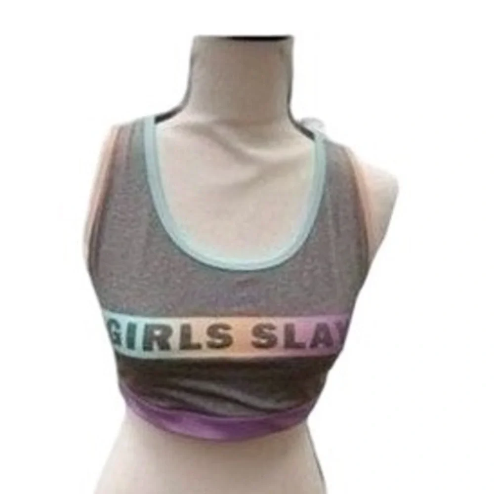 Ideology Girls Slay Graphic Racerback Sports Bra Gray Purple‎ 16 Plus Junors